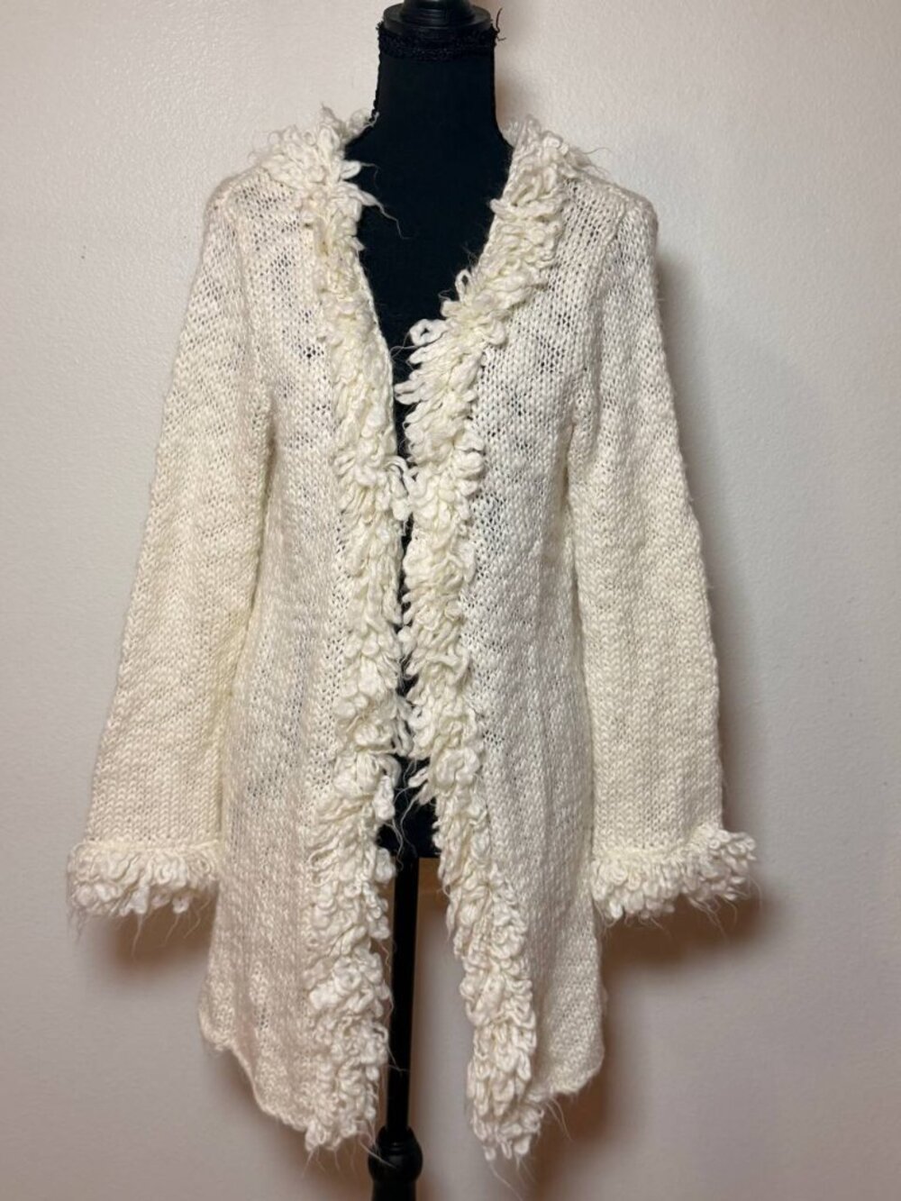 Alfani Shaggy Trim Knit Cardigan Cream Boho 70s Penny Lane Duster Petite XS